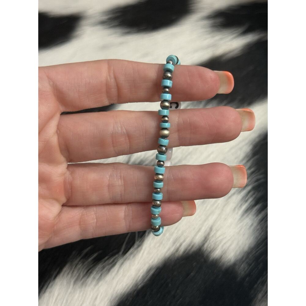 Native American Sterling Cowgirl 3mm 4mm Navajo Pearl Turquoise Stretch Bracelet - Picture 5 of 11